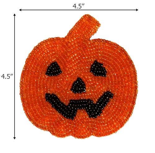 COTTON CRAFT Halloween Harvest Pumpkin Beaded Coaster - Set of 4 Handmade Bar Drink Tabletop Protection Coasters - Autumn Fall T